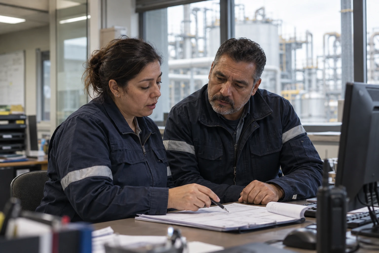 Dos responsables industriales verifican documentación y el cierre de una operación