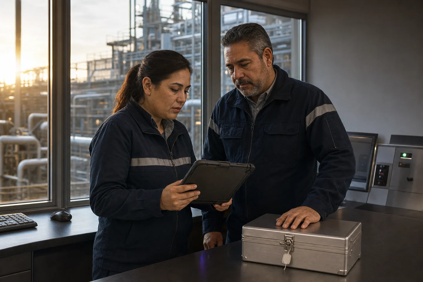 Dos responsables industriales verifican documentación y el cierre de una operación