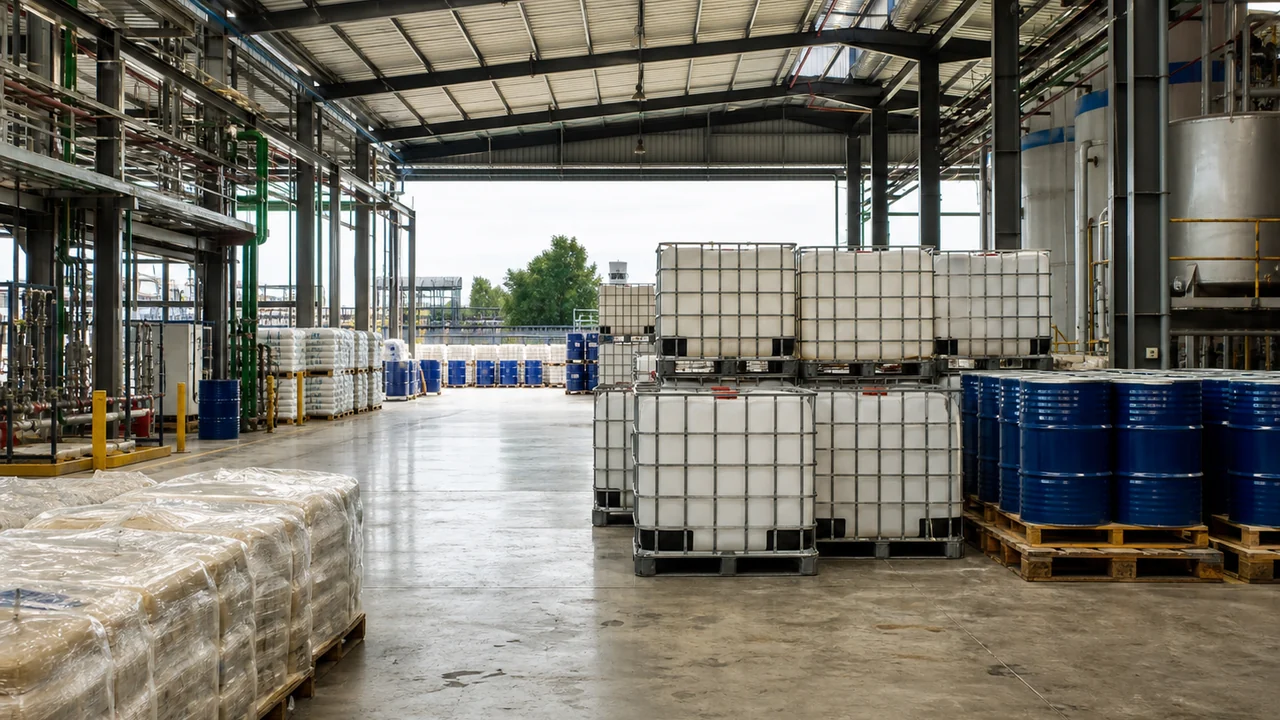 Centro de distribución con IBC, tambores y pallets preparados para despacho