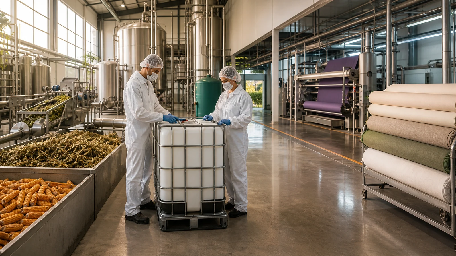 Equipo revisa un contenedor sellado en una operación agroindustrial y textil