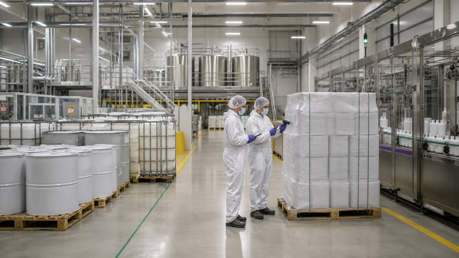 Equipo verifica un lote sellado en una planta moderna de productos de consumo