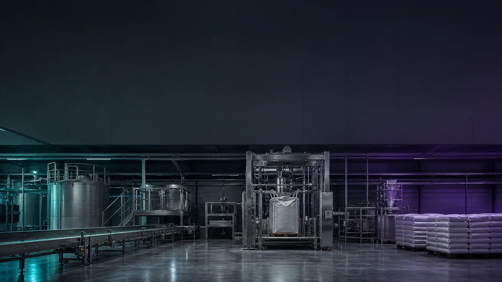 Instalación industrial de acondicionamiento con línea de llenado y presentaciones sobre pallets