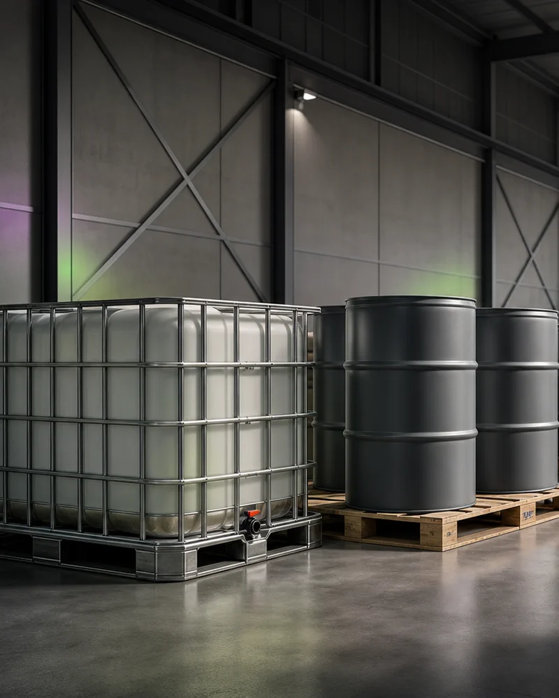 IBC, tambores y sacos acondicionados sobre pallets en un almacén industrial