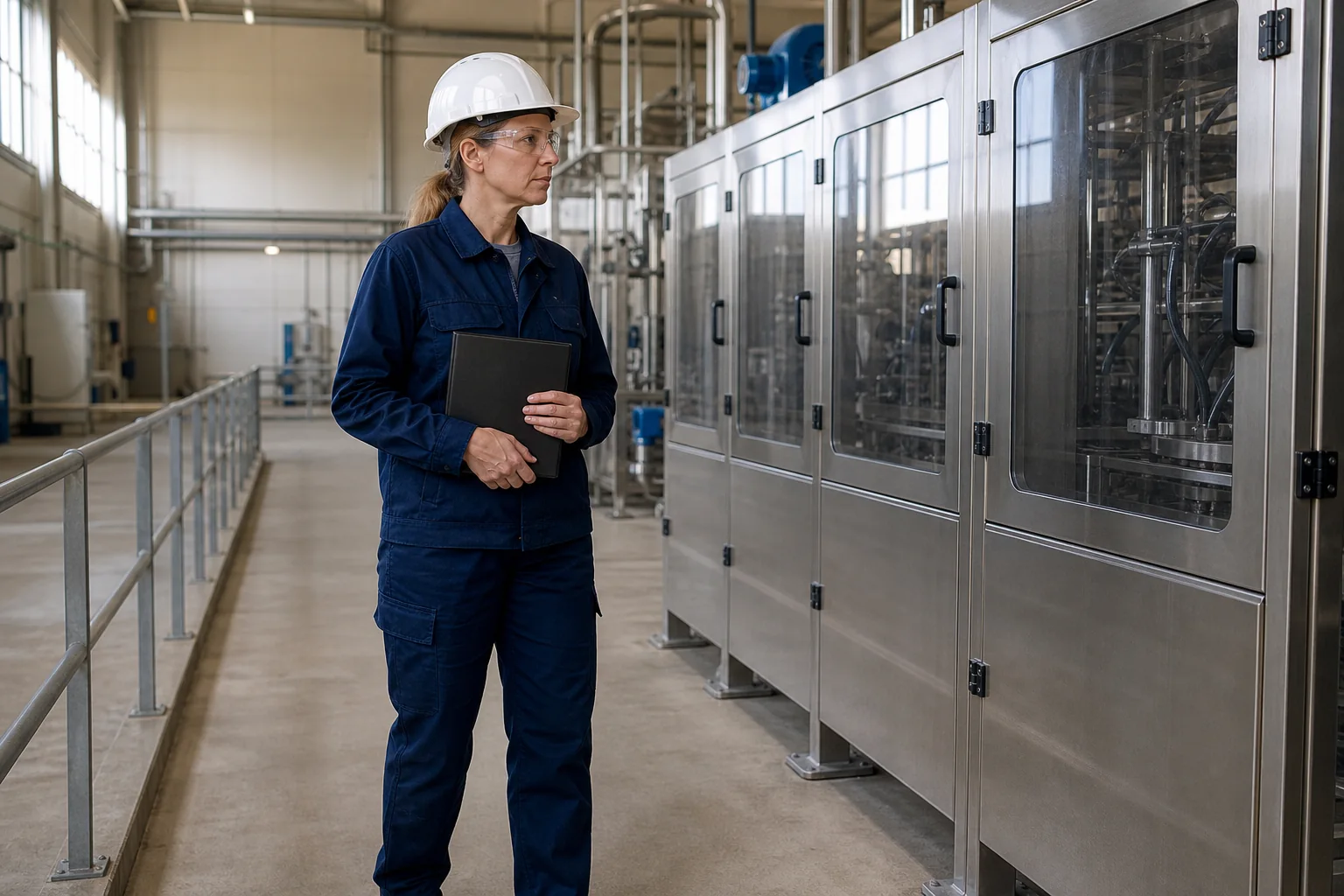 Ingeniera con casco, gafas de protección y una carpeta observa equipos industriales cerrados desde un pasillo despejado