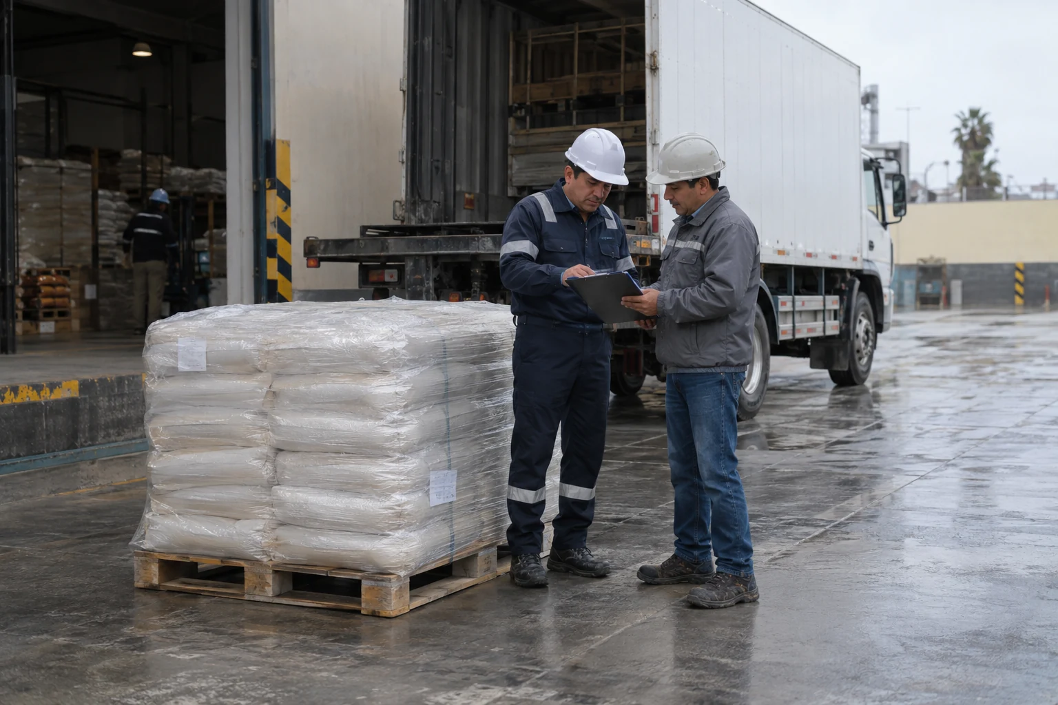 Coordinadores revisan una entrega en un muelle de recepción
