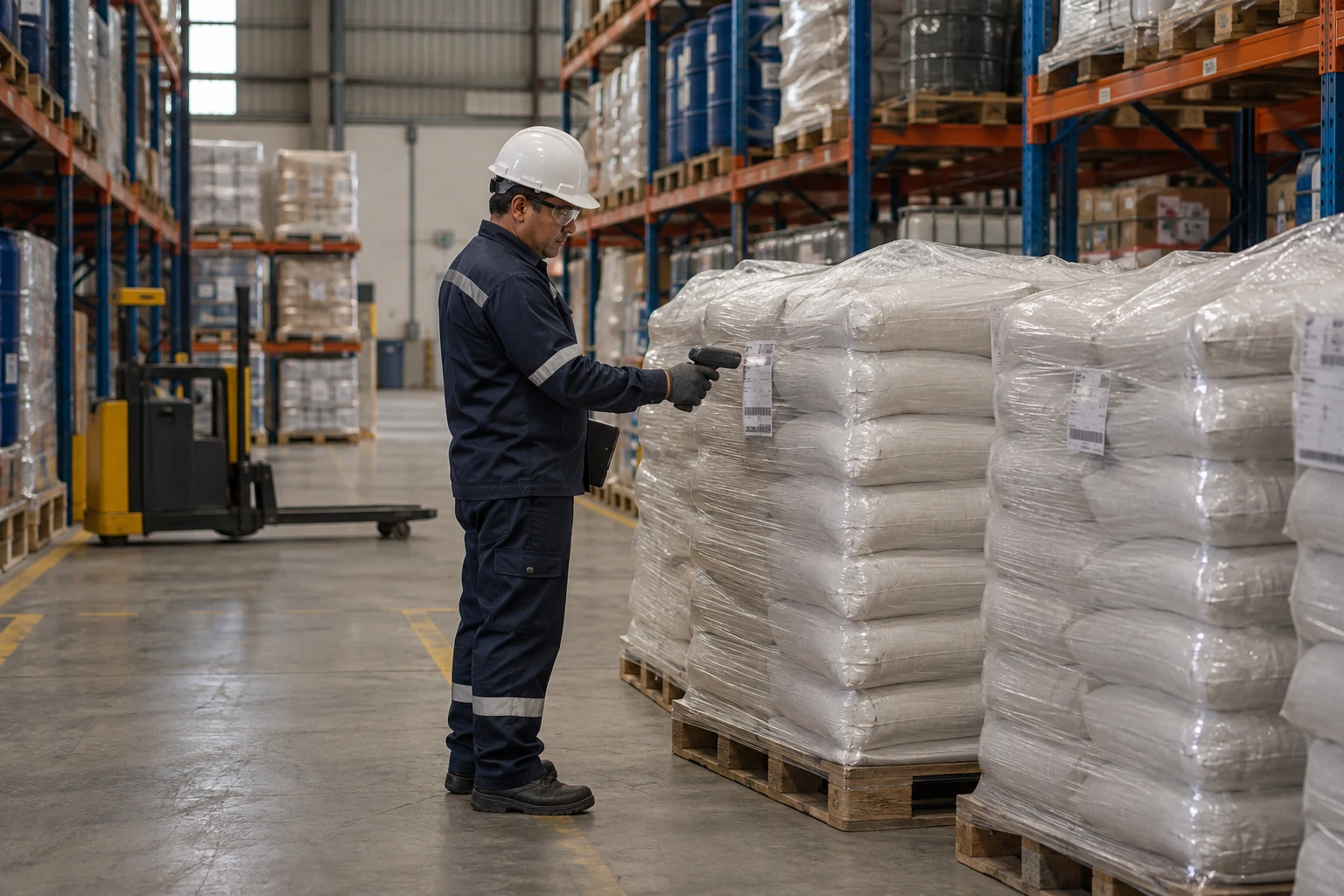 Responsable verifica un lote de sacos preparados en inventario