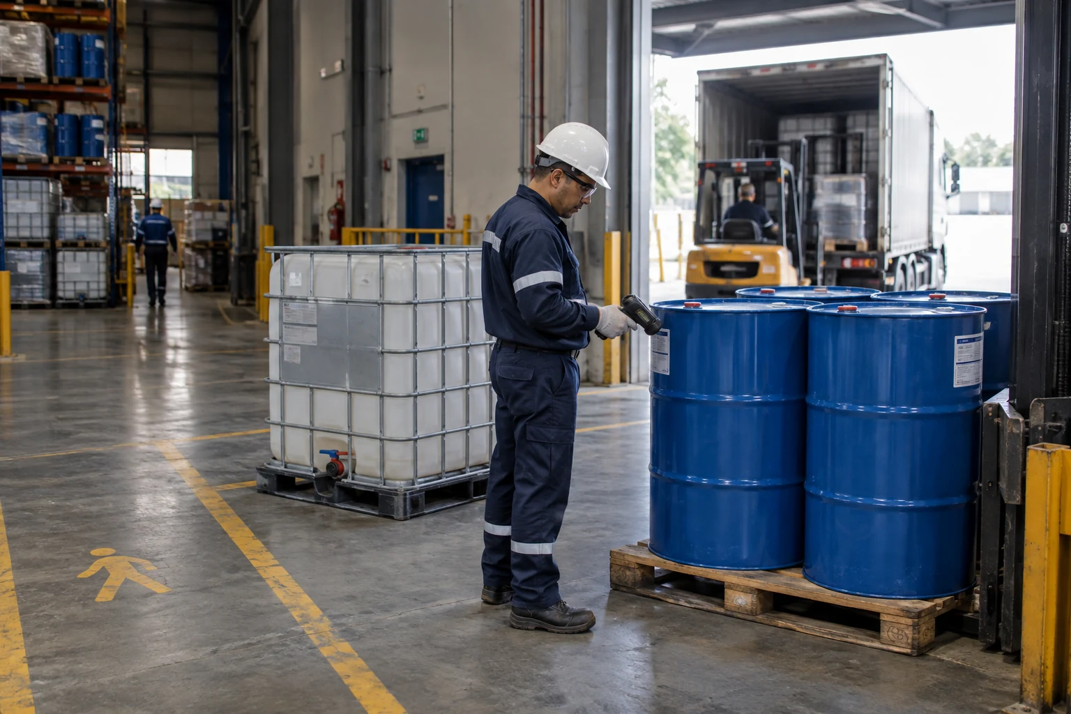 Técnico verifica envases cerrados en la recepción del almacén